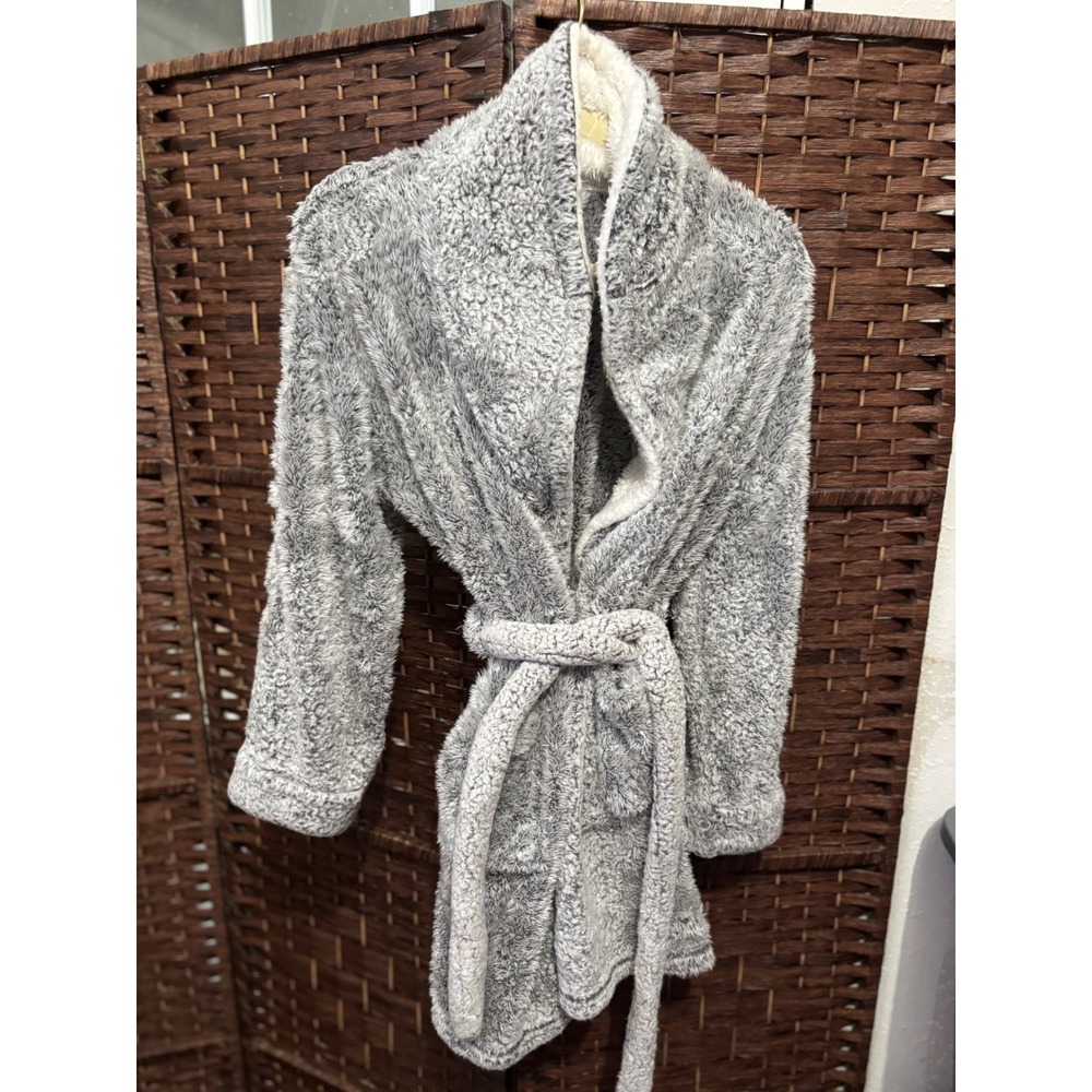 Gray Fuzzy Plush Robe Soft Cozy Shawl Collar Bathrobe with Belt Pockets